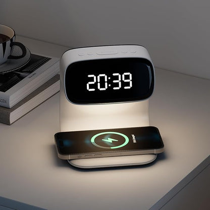 Digital Alarm Clock with Wireless Fast Charging Station 15W Touch Smart Lamp for Bedside,3 Colors Nightlight Adjustment Night Lamp for Living Room,Bedside,Heavy Sleepers (White+Cable&Adapter)