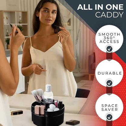 Masirs Small Rotating Makeup Organizer - Mini Yet Spacious Cosmetic Storage Solution with Multiple Compartments - The Perfect Spinning Make-Up Caddy for Vanity or Bathroom Counter (Round - Black)