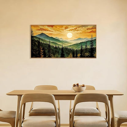 LHIUEM Large Boho Sunset Mountain Framed Canvas Wall Art,Retro Pine Tree Wall Decor,Nature Foggy Forest Wall Painting,Bohemian Landscape Artwork for Living Room,Bedroom,Dining Room,Office -20"x40"x1