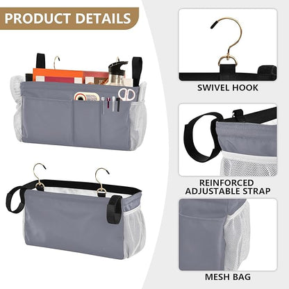 KOPIRIT Grey Bedside Caddy Storage Bag Bedside Organizer for Dorm Room Top Bunk Bed Organizer Caddy Hanging Shelf 6 Pockets with Hooks for Book Glasses Phone Holder