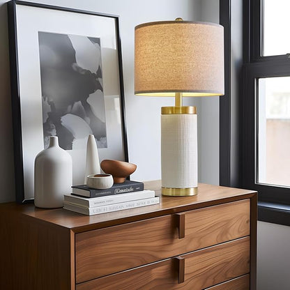 24.5" Modern Ceramic White Bedside Lamp for Bedroom Decor Farmhouse Table Lamp for Living Room Office Dorm