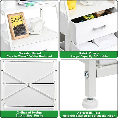 Ollieroo White Dresser for Bedroom, Storage Organizer with 5 Drawers, Vertical Fabric Storage Tower, Nightstand Bedside Table, Sturdy Steel Frame & Wooden Top
