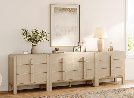 WAMPAT 3 Piece Bedroom Dresser Set, 110.2" Wide Mid Century Modern Chest of Drawers with Curved Handles, Dresser TV Stand with 12 Drawers, Wood Drawer Organizer for Bedroom, Light Oak