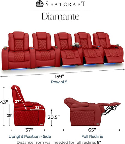 Seatcraft Diamante Zero-Gravity CoolZero Italian Leather Home Theater Seating, Power Headrest, Power Recline, Row of 5, Red