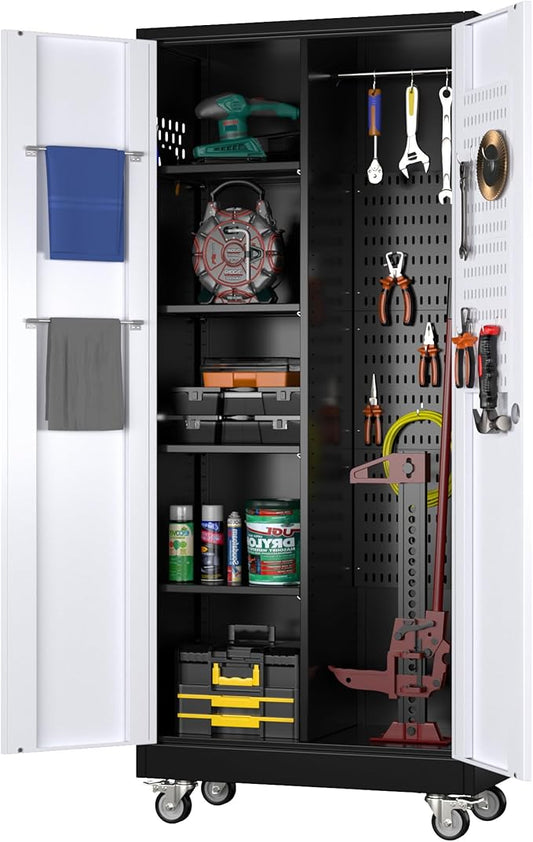 Garage Storage Cabinet with Wheels, Broom Closet Storage Cabinet with Pegboards and Adjustable Shelves, Metal Tool Cabinet with Lockable Door for Garage Home, Black and White