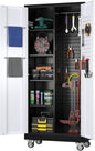 Garage Storage Cabinet with Wheels, Broom Closet Storage Cabinet with Pegboards and Adjustable Shelves, Metal Tool Cabinet with Lockable Door for Garage Home, Black and White