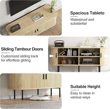55''W Natural Storage Cabinet, Media Console, Tambour TV Stand, Television Stands with Curvy Edge; Sliding Door, Fluted Cabinet, Buffet Sideboard, Credenza, Table Stand for Living Room, Kitchen