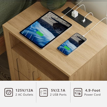 Nightstand with Charging Station, Mid Century Modern Nightstand with Arched Design, Boho End Table with Wood Grain Texture, Bedside Table for Bedroom Living Room Sofa Office, Oak