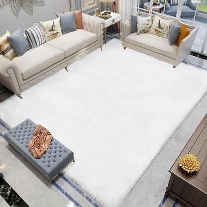 Latepis White Fluffy Rug 8x10 Faux Rabbit Fur Area Rugs for Living Room Washable Fuzzy Plush Shag Rug for Bedroom Large Shaggy Rugs for Nursery Home Decor