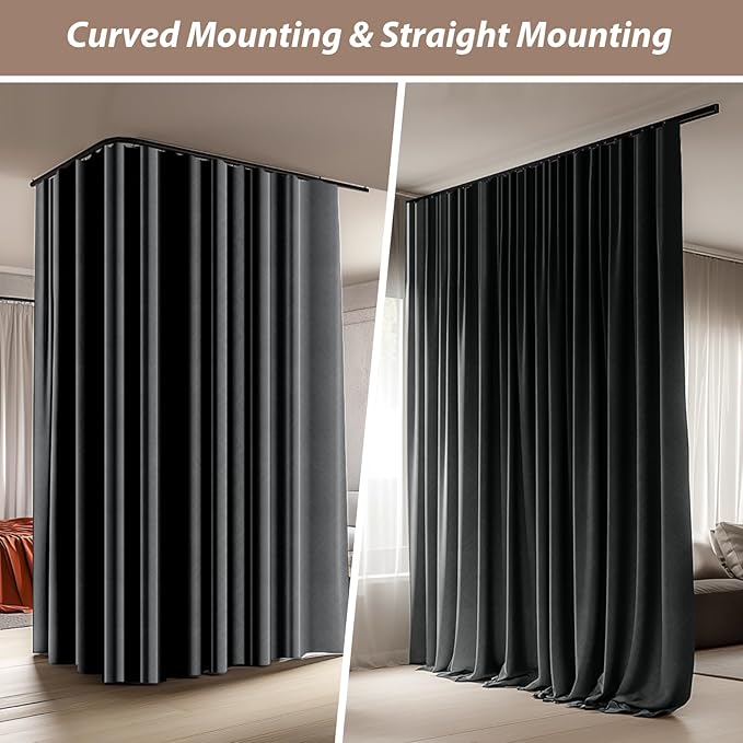 Room Divider Curtains with Ceiling Curtain Track Set Window Curtain for Bedroom,Living Room Total Blackout Thermal Insulated Privacy Ceiling Track Curtain W 12 × H 8 FT Deak-Grey drape&Black track