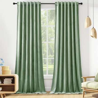 Sage Green Velvet Curtains 84 Inches for Living Room, Elegant Thermal Insulated Room Darkening Heavy Blackout Drapes Luxury Curtains for Bedroom Nursery, Back Tab Rod Pocket, W52 x L84, 2 Panels
