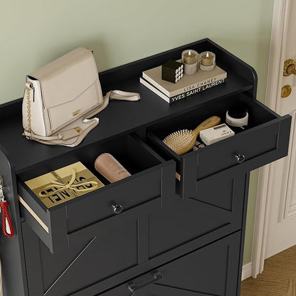 Shoe Storage Cabinet for Entryway, Farmhouse Narrow Shoe Cabinet with 2 Flip Drawers & Top Drawers, Adjustable Shelves & Hooks, Freestanding Hidden Rack Organizer for Hallway, Foyer