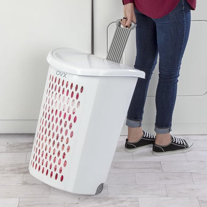 (2 Pack) Ultra Wheeled Hamper - White Plastic Laundry Hamper with Retractable Handle & Smooth Wheels, 2 Bushel Capacity for Dorms/Apartments/Family