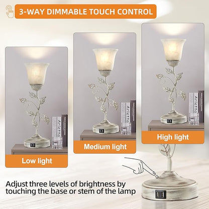 RORIANO Rustic Touch Table Lamp for Bedroom, 3-Way Dimmable Nightstand Lamp with 2 USB Ports, Retro Vintage White Glass Shade Leaf Desk Lamp for Living Room Entryway, LED Bulb Included