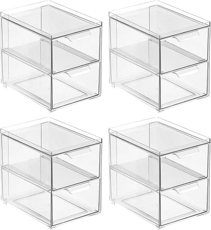 mDesign Stackable Storage Containers Box with 2 Pull-Out Drawers - Stacking Plastic Drawer Bins for Closet Organization, Linen, Coat, Bedroom or Entryway Closets - Lumiere Collection - 4 Pack, Clear