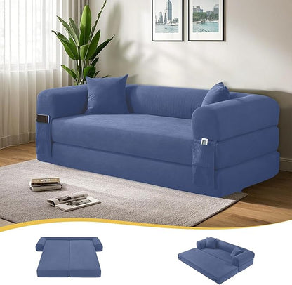 80" Convertible Sofa Bed, 3-in-1 Corduroy Folding Pull Out Couch with Pillows, No Assembly Modern Boneless Couch Compression Sofa in Box, Floor Sofa with Side Storage for Living Room,Dark Smog Blue