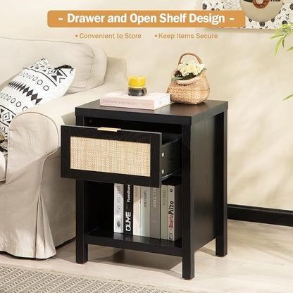 SICOTAS Rattan Nightstand, Farmhouse Night Stands with Drawer, Boho End Side Table for Bedroom, Small Space, Black Oak