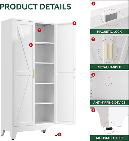 Farmhouse Pantry Cabinet,71" H x 31.5" W,Metal Cabinet with Adjustable Shelves and Barn Doors,5-Tier Storage Cabinet for Kitchen Dining Room Garage,White