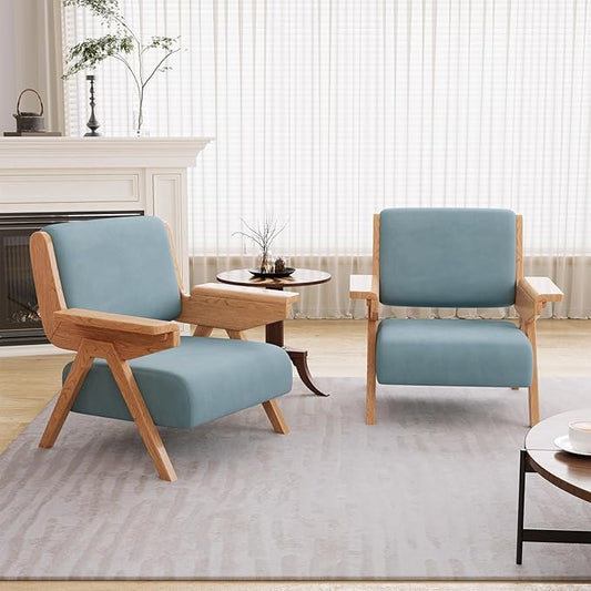 Accent Chair Set of 2, Mid Century Modern Chair, Velvet Upholstered Lounge Arm Chair with Solid Wood, Cozy Seating for Living Room, Bedroom, Balcony (Blue)