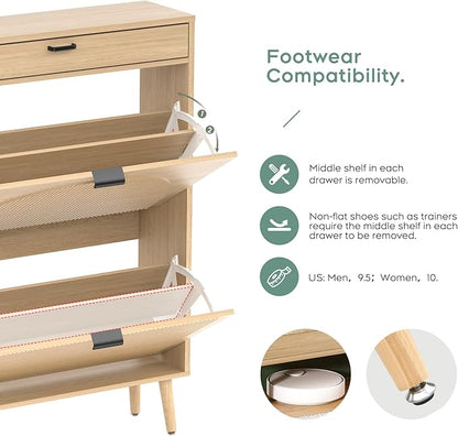 Yechen Shoe Storage Cabinet with 2 Flip Drawers& 1 Small Drawer, Slim Entryway Shoe Organizer with Fluted Wavy Doors for Hallway,Natural Oak