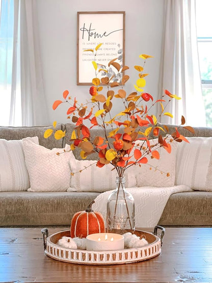 Beferr Fall Eucalyptus Stems Christmas Decor - 5Pcs 32" Tall Faux Eucalyptus Leaves Pumpkins Branches Autumn Thanksgiving Farmhouse Harvest Fireplace Table Centerpiece Home Decorations