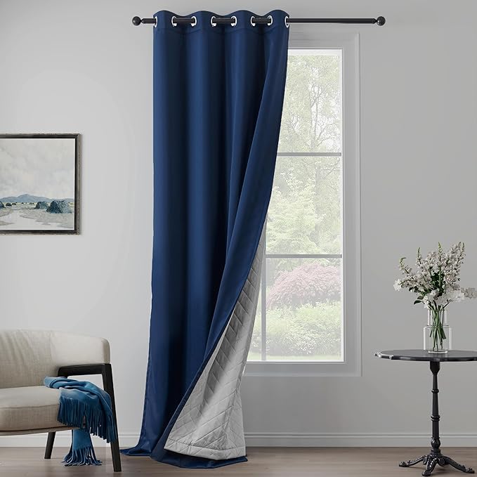 Extra Long Blackout Soundproof Curtains Triple Layer Full Blackout Drapes Noise Canceling Heat Insulating Winter Curtains for Bedroom Living Room (1 Panel, Navy Blue, 50" x 120")