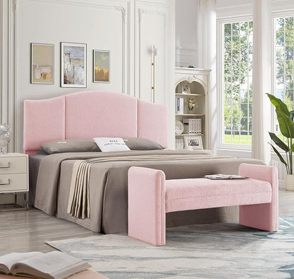 24KF Modern Upholstered Bed Bench Covered with Soft Boucle Teddy Fabric, Lovely Entryway Bench Ottoman with Armrest, 5062-Pink