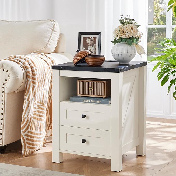 Joaxswe Nightstand with Charging Station and USB Port, Farmhouse Side End Table with 2 Drawers and Open Shelf, Wood Rustic Sofa Table, Bedside Cabinet for Bedroom, Living Room, Closet, Office (White)