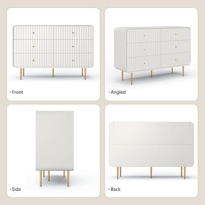 HLR Fluted 6 Drawers Dresser, 48'' Wide Modern Chest of Drawers with Gold Metal Handles,Dresser TV Stand for 2 Piece, Wood Dressers & Chest of Drawers for Bedroom, Living Room, Hallway (White)