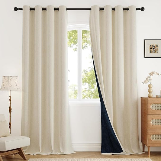 Blackout Curtains 102 inch Length 2 Panels for Living Room, Linen-Look Textured Room Darkening Thermal Insulated Noise Reduction Farmhouse Drapes for Bedroom (W52xL102, Cream)