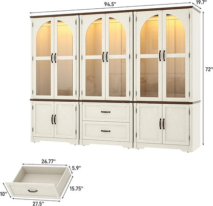 Tall Farmhouse 6 Doors Armoire Wardrobe Closet with LED ,72" Freestanding Arched Wardrobe Closet Cabinet for Bedroom w Glass Doors/Drawers,Wooden Clothing Storage Cabinet,Closets for Bedroom(White)