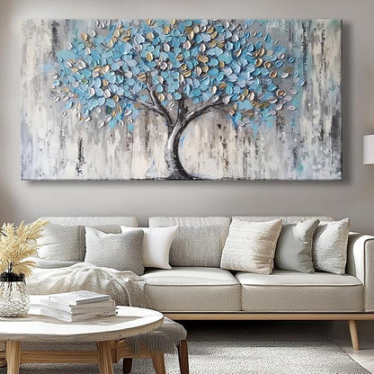 Blue Tree Canvas Wall Art - Modern Botanical Paintings for Living Room, Bedroom Wall Decor, Framed Wall Art for Home or Office Decoration, Large Wall Art 75x150cm(30x60in)