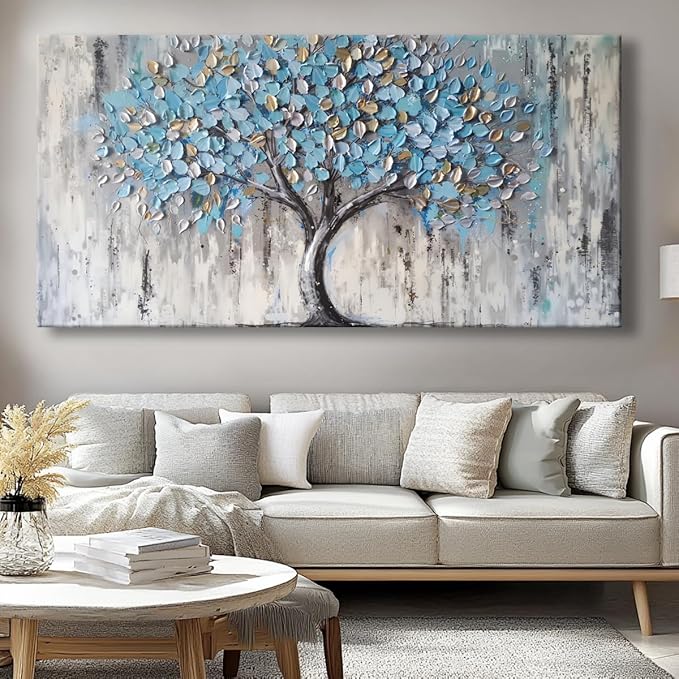 Blue Tree Canvas Wall Art - Modern Botanical Paintings for Living Room, Bedroom Wall Decor, Framed Wall Art for Home or Office Decoration, Large Wall Art 60x120cm(24x48in)
