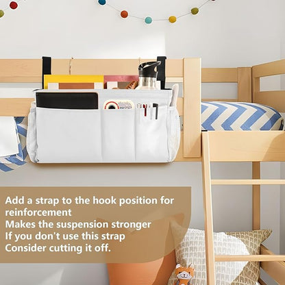 KOPIRIT White Bedside Caddy Storage Bag Bedside Organizer for Bunk Bed Headboards College Hanging Storage Organizer 6 Pockets with Hooks for Drinks Magazine Phone Holder