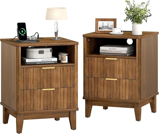 Night Stand Set of 2 with Charger Station, Fluted Nightstand with Drawers and Storage Shelf, Mid Century Modern Bedside Table Nightstands, Large Bed Side Table Wood Night Stands for Bedroom
