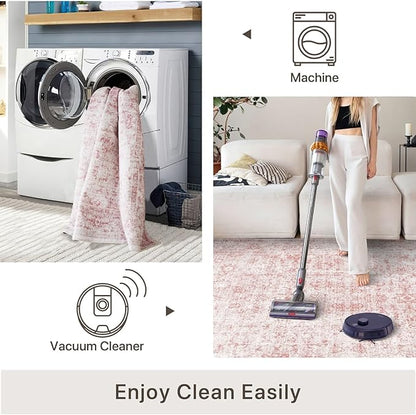8x10 Area Rugs for Living Room, Non-Slip Backing Washable Rug 8x10, Pink Large Area Rug Soft Carpet for Bedroom Dining Room, Vintage Floral, Easy Clean, Durable, Low Pile Rug Under Table