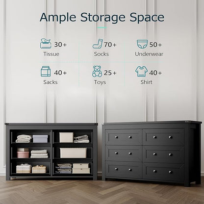 Dresser for Bedroom with 6 Drawers, Farmhouse Wood Chest of Drawers, Wide TV Stand Closet Storage Furniture with Metal Handle, Modern Clothes Organizer for Hallway, Living Room, Entryway, Black
