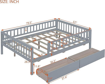 Bellemave Full Size Bed Frames with Rails for Kids, Full daybed Frame with Drawers for Boys/Girls/Adults， Gray