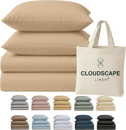 Cloud Scape Linen 100% Egyptian Cotton Sheets for Queen Size Bed, 400 Thread Count, 4 Pieces Bedding Set, Hotel Quality, Silky Soft, Deep Pockets up to 17”, Linen