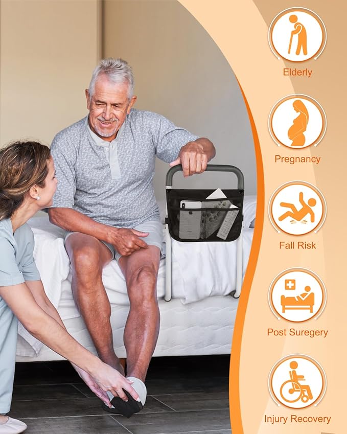 Bed Rails for Elderly Adults Safety - Adjustable Bed Assist Rail for Seniors - Stable Bed Side Rails Handle Support Bar Beds Guard Rail with Storage Bag & Fixing Strap, Fit King Queen Full Twin