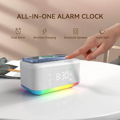 Wireless Charging Alarm Clock Bedroom, Loud Digital Alarm Clocks Bedrooms, Alarm Clock Night Light Speaker 8W Snooze Dual Alarm 12/24H Adjustable Brightness Dimmer Bluetooth, White