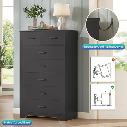 DICTAC Black Dresser for Bedroom with 7 Drawers, 55.7" Tall Dressers Chest of Drawers, Modern Large Wood Storage Dresser Organizer with Metal Handle, Vertical Dressers for Bedroom Living Room Nursery