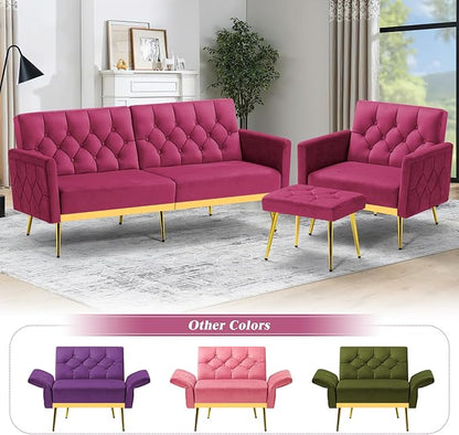 Velvet Accent Chair w/Adjustable Armrests and Backrests, Tufted Single Sofa with Ottoman, Upholstered Reading Chiar for Living Room, Apartment, Bedroom, Fuchsia