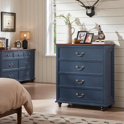 Farmhouse 4 Drawer Dresser Set of 2 for Bedroom, 37" Tall Rustic Chests of Drawers w/ 4 Solid Wood Feet, Mid Century Vintage Wooden Closet Storage Dressers Organizer for Living Room, Navy Blue