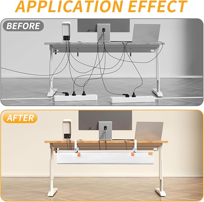 No Drill Under Desk Cable Management Tray, 48" Cord Organizer with Clamp, Fabric Cable Management for Standing Desks, Ideal for Home & Office - White