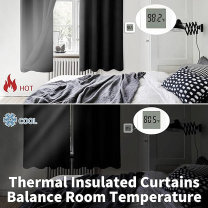 BGment Thermal Insulated 100% Blackout Curtains for Bedroom with Black Liner, Double Layer Full Room Darkening Noise Reducing Grommet Curtain (52 x 63 Inch, Black, 2 Panels)