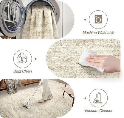 8x8 Beige Round Rug 8ft Living Room Circle Rug Vintage Round Area Rug Non Slip Indoor Carpet for Apartment