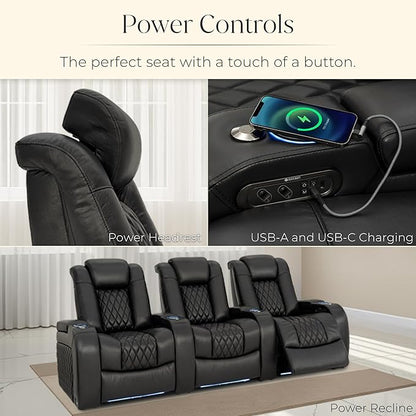 Seatcraft Diamante Zero-Gravity CoolZero Italian Leather Home Theater Seating, Power Headrest, Power Recline, Row of 5 Left Loveseat, Black