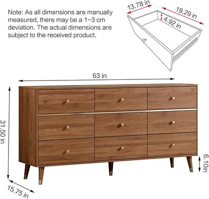 9 Drawer Dresser,63" Wide Mid Century Modern Chest of Drawers,Wooden Bedroom Drawer Dresser with 9 Storage Drawers for Bedroom, Living Room,with Anti-Tipping Device,Walnuts