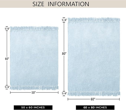 Chenille Throw Blanket for Couch 60"X 80" Twin, Soft Cozy Throws with Fringe Tassel for Bed Sofa Chair Cover, Lightweight Knitted Decorative Boho Blankets for Living Room, Light Blue
